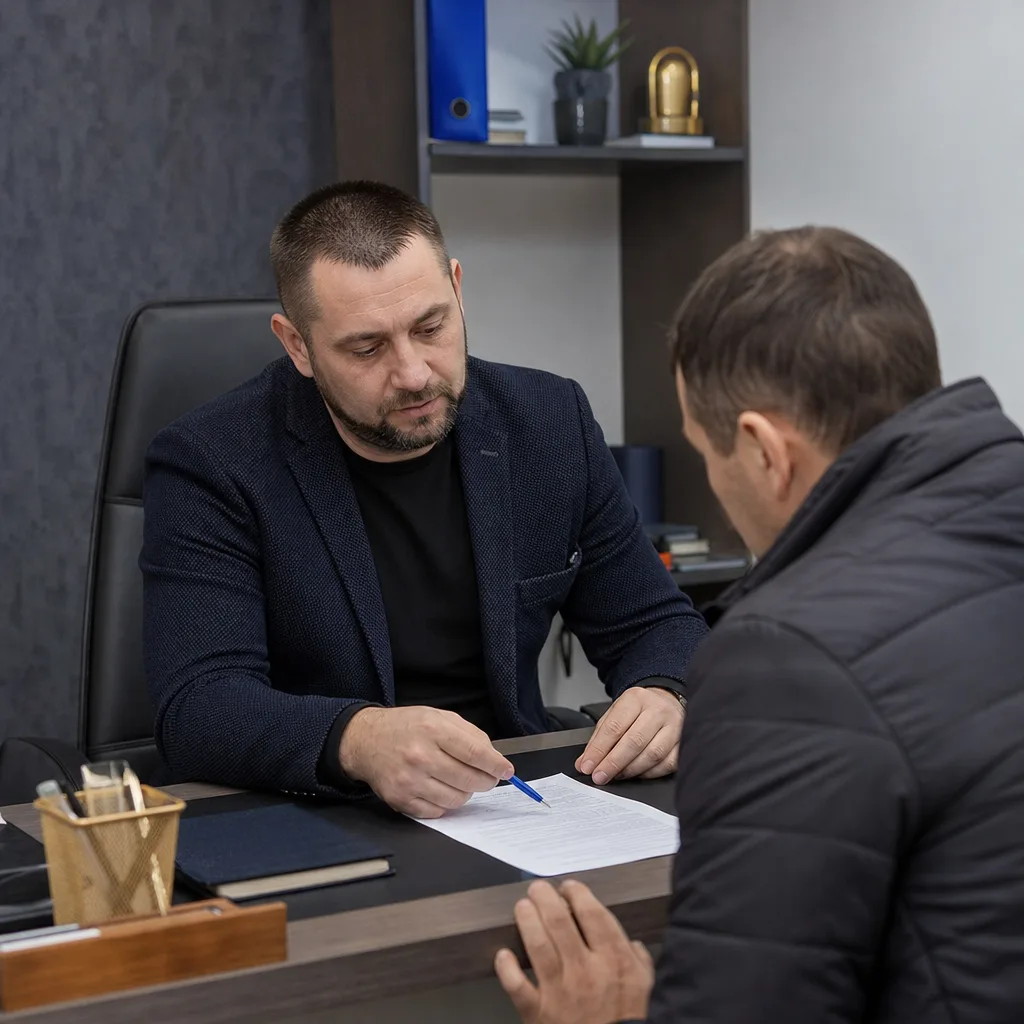 Адвокат указує клієнтові на текст документа під час консультації